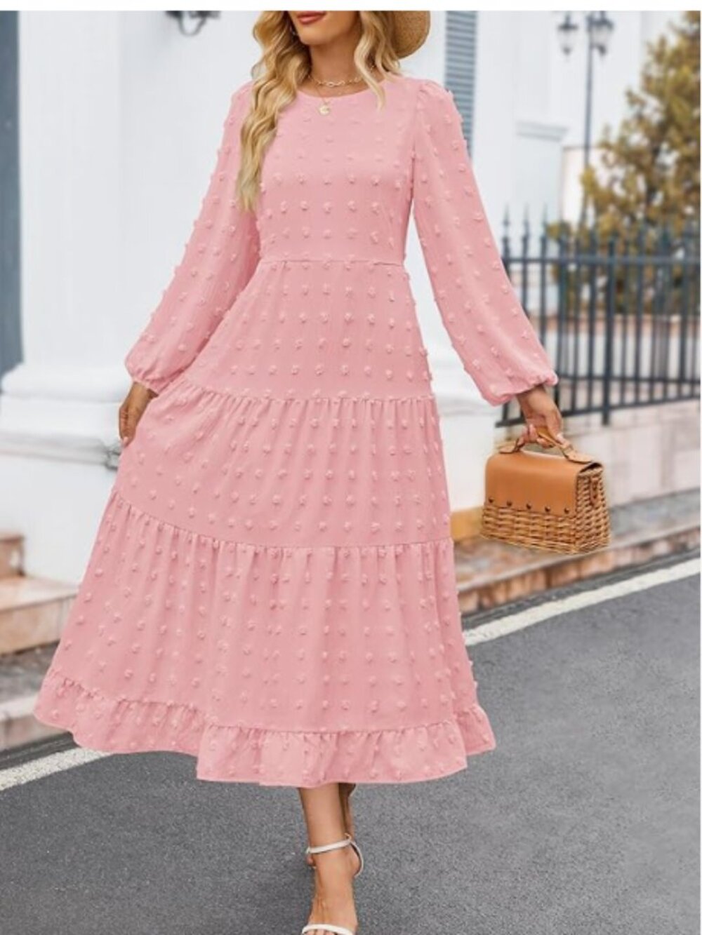 ZESICA Pink Crew Neck Swiss Dot Tiered Flowy A Line Dress Size Small